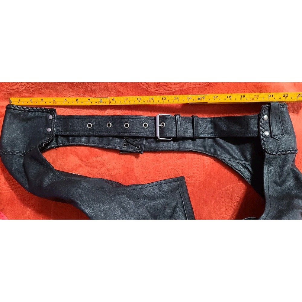 Jafrum Leather Motorcycle Chaps Black Braided Trim Adjustable Buckle Biker Wear - Picture 13 of 13